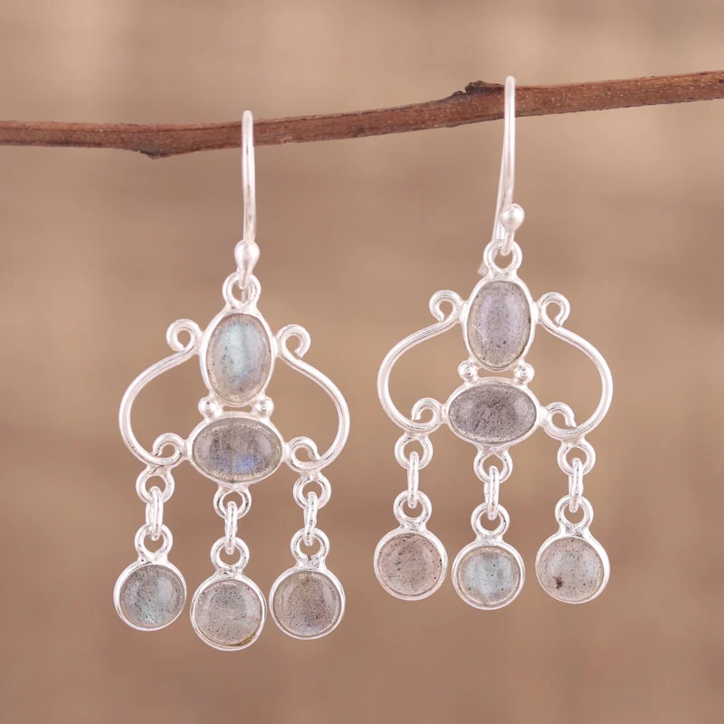 Handgefertigte Labradorit Kronleuchter-Ohrringe 925 Sterling Silber Ohrringe Blauer Edelstein Ohrhänger Labradorit Schmuck Geschenk für Sie