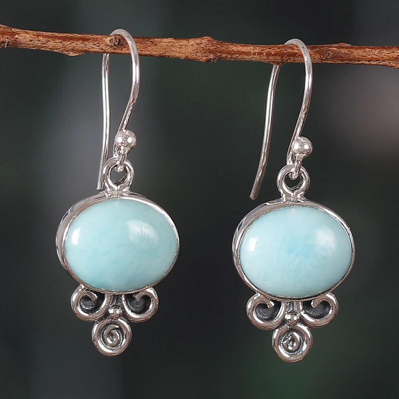 925 Sterling Silber Larimar Ohrhänger Massives Silber Edelstein Ohrringe Handgemachte Boho Ohrringe Geschenk für Sie