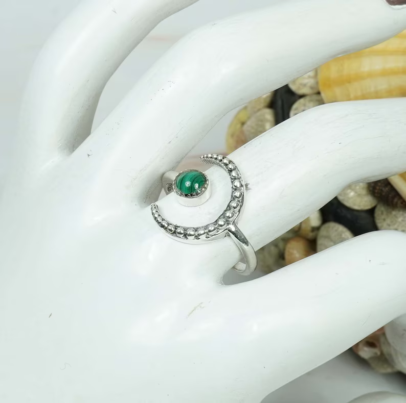 Grüner Malachit 925 Sterlingsilber Edelstein Verstellbarer Ring Halbmond Designerring Runder Ring Handgemachter Schmuck Geschenk für Sie
