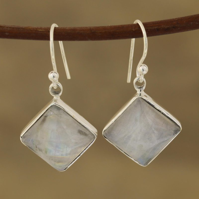 Quadratische Regenbogen-Mondstein-Ohrringe 925 Sterlingsilber Ohrringe Handgefertigte Edelstein-Ohrringe Geschenk für Sie