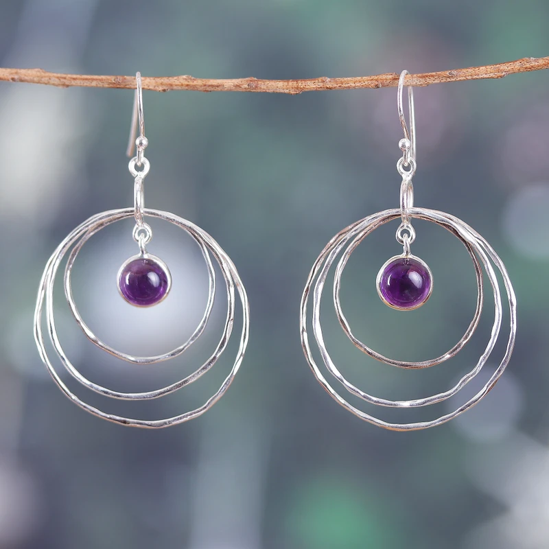 Modern Sterling Silver and Amethyst Dangle Earrings Handmade Earrings Gifts Item Birthday Gift Bohemian Jewelry Gift For Her