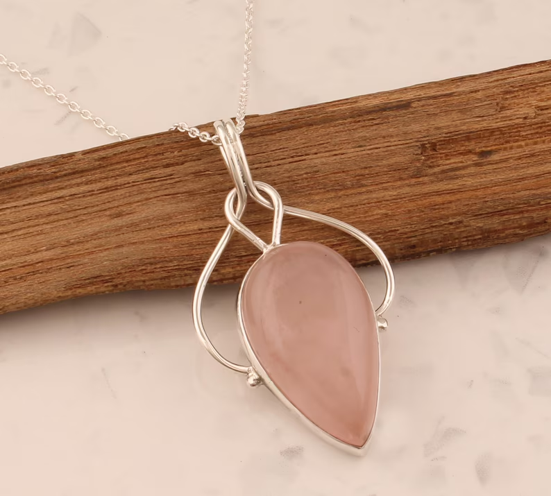 Massiver 925er Sterlingsilber Rosenquarz Halsketten-Anhänger für Frauen Handgemachter Silber Boho Oval Edelstein-Anhänger Geschenkidee für Mutter Schmuck