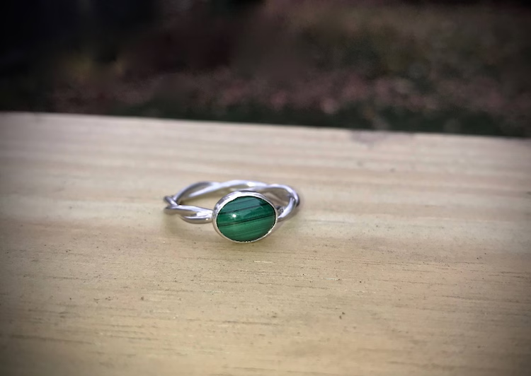 Malachit 925 Sterling Silber Twist Band Ring Ovaler Malachit Cabochon Damenring Ehering Partyring
