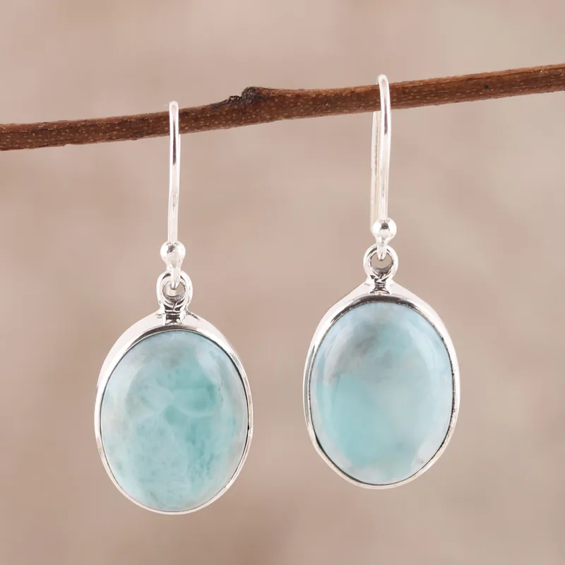 Ovale Larimar-Hängeohrringe 925 Sterling Silber Edelstein-Ohrringe Handgefertigt Damen Hochzeitsohrringe Geschenk für Sie