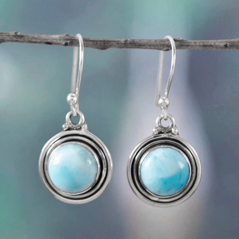 Natürliche runde Larimar-Ohrhänger aus 925er Sterlingsilber, Edelstein-Ohrringe, handgefertigte Boho-Ohrringe, Geschenk für Sie