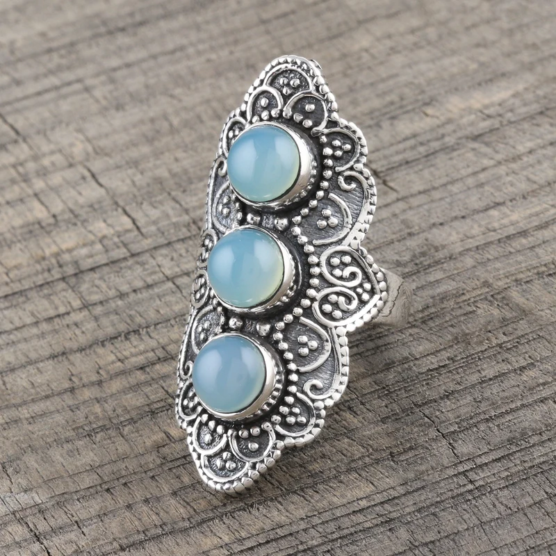 Oxidierter Sterlingsilber-Chalcedon-Cocktailring Breiter Ring Boho-Ring Blauer Edelstein Handgemachter Statement-Silberring Geschenk für sie