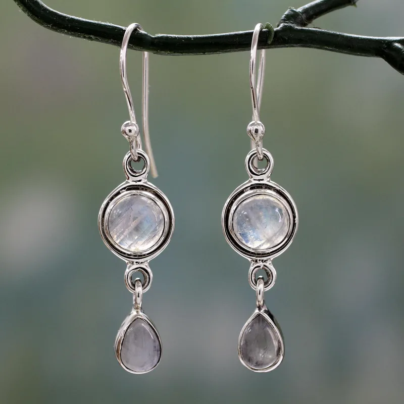 Ohrring aus 925er Sterlingsilber, echter Regenbogenmondstein-Ohrring, handgefertigter Ohrring mit zwei Edelsteinen, Juni-Geburtsstein-Geschenk für Sie