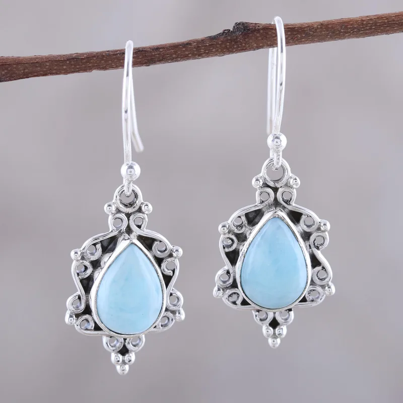 Larimar-Tropfen-Ohrringe mit Verzierungen aus Sterlingsilber – Edelstein-Ohrringe, handgefertigt, Boho-Ohrringe, Geschenk für sie