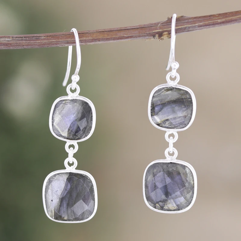 Labradorit-Ohrhänger 925er Sterling Silber Ohrringe Doppelte Edelstein-Ohrringe Labradorit-Schmuck