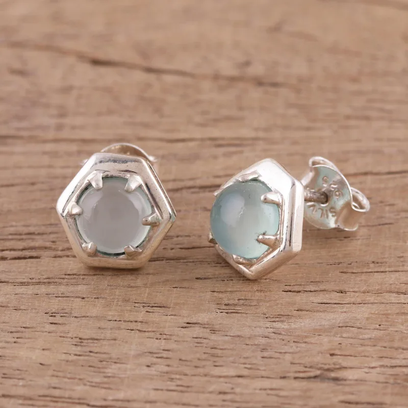 Hexagon Form Aquamarin-Chalcedon Ohrstecker 925 Sterling Silber Handgemachte Ohrstecker Alltags-Ohrringe Für Frauen Geschenk Für Sie