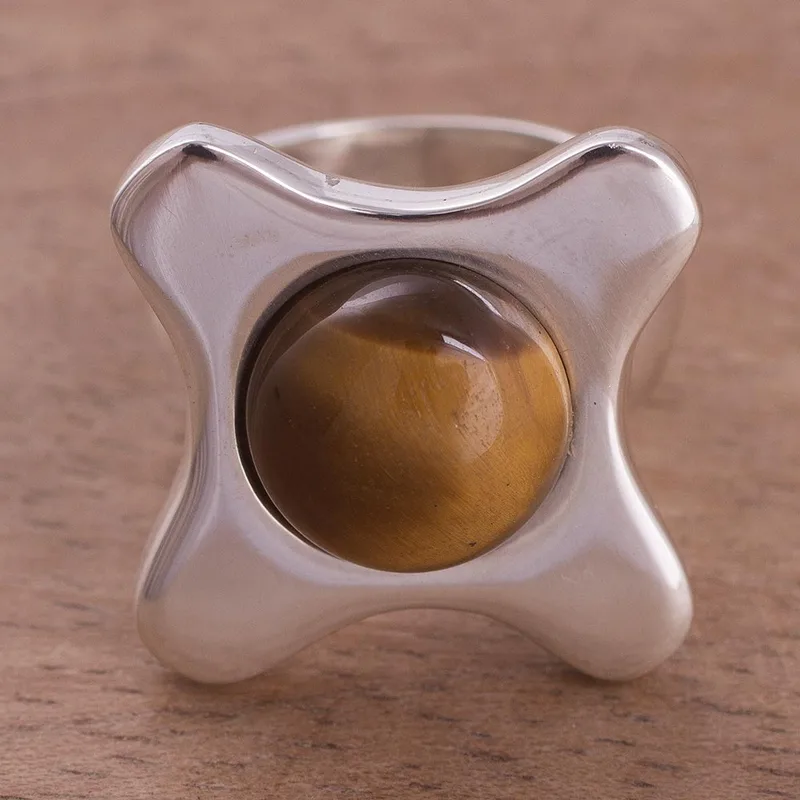 Kaffeeliebhaber Tigerauge Bandring 925 Sterling Silber Edelsteinring Gelber Bandring Hochzeitsgeschenkring für die Liebe Valentinstagsgeschenk