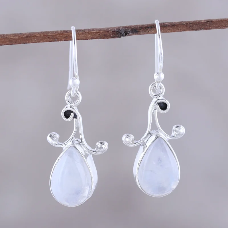 Ohrringe Teardrop Regenbogen-Mondstein, 925 Sterlingsilber, handgefertigt, Tropfenform, Edelstein-Ohrring, Geschenk für sie