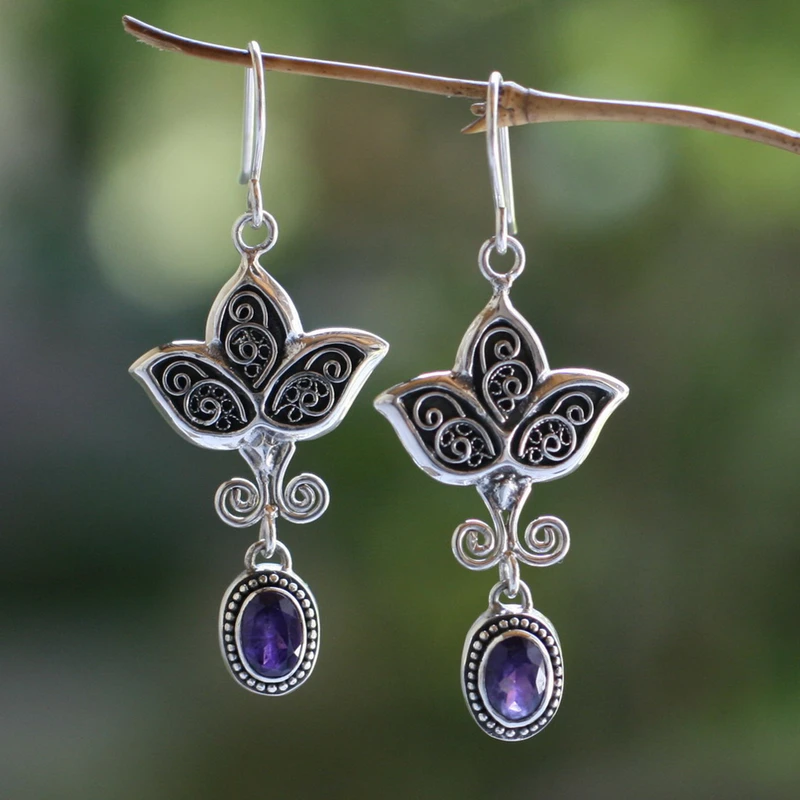 Blattdesign ovale Amethyst-Edelstein-Ohrringe 925 Sterling Silber handgemachte Ohrringe Geschenkartikel Hochzeitsschmuck Geschenk für Sie