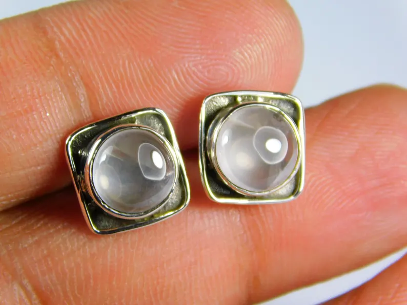 Echte 925 Sterling Silber Ohrstecker Quadratisch mit Natürlichem Rosenquarz Edelstein Minimalistischer Silberschmuck Handgemachtes Geschenk für Sie