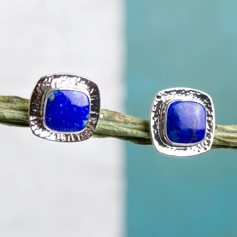 Quadratische Lapislazuli Knopfstecker Ohrringe 925 Sterling Silber Handgemachte Ohrstecker Alltags-Ohrring Für Frauen Geschenk Für Sie