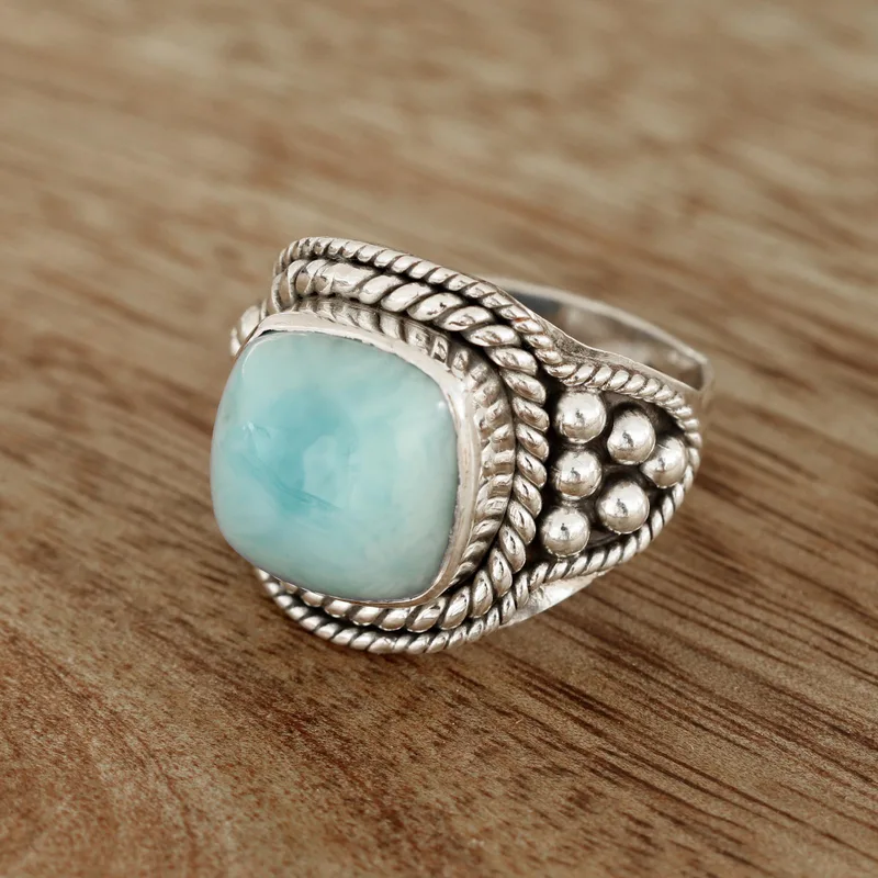 Himmelblauer Larimar Cocktailring aus Indien 925er Sterlingsilber Ring Zarter Ring Edelsteinring Damenring Geschenk für sie