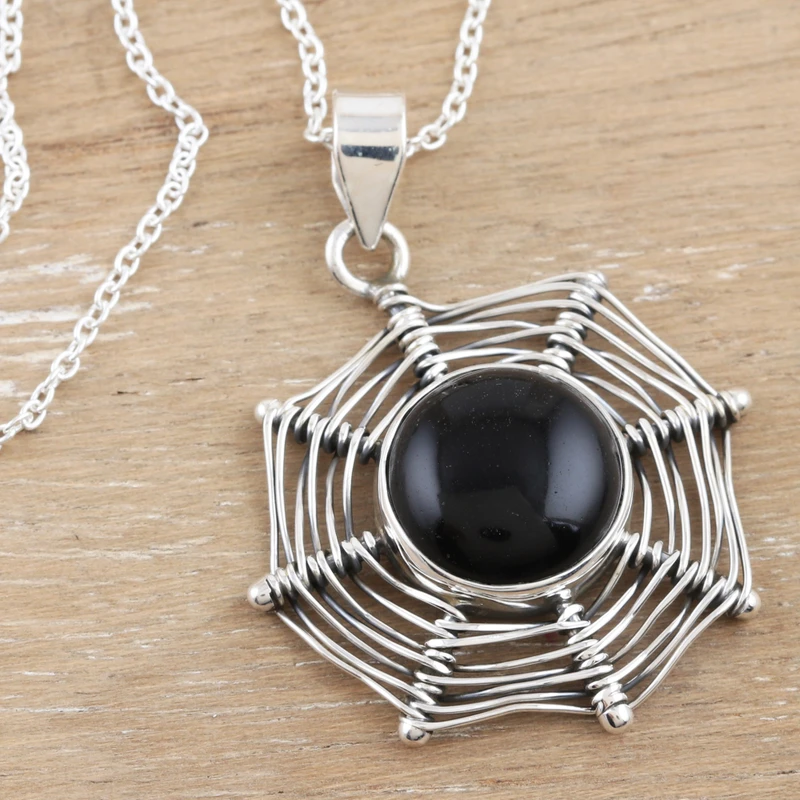 Magical Web Sterling Silver Black Onyx Pendant Necklace Pendant Necklace Delicate Necklace Bohemian Jewelry
