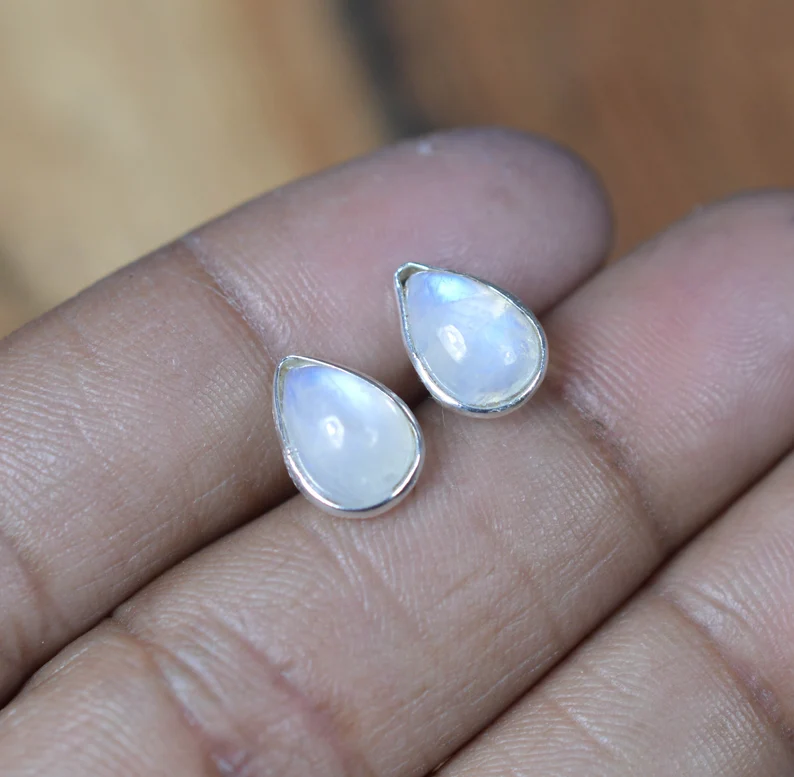 White Rainbow Moonstone 925 Sterling Silver Pear Shape Stud Earring Handmade Boho Studs Jewelry Gift For Her