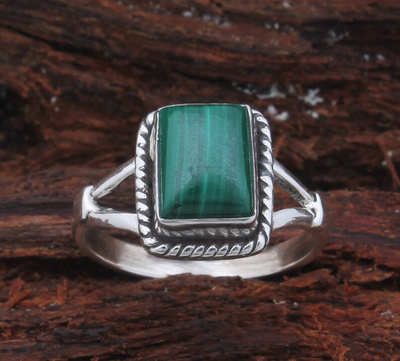 Malachit Silberring 925 Sterling Silber Rechteckige Form Edelsteinring Designer Ring Handgefertigter Edelsteinring Verlobungsring Geschenkidee