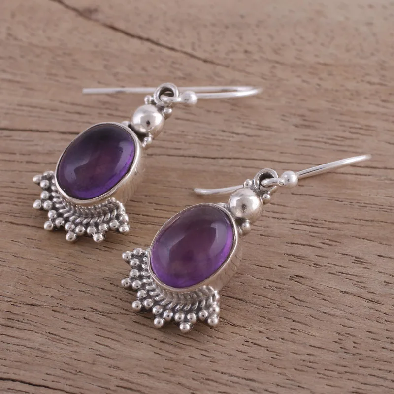 Fächerförmige lila Amethyst-Ohrhänger, handgefertigte Ohrringe, Geschenkidee, Geburtstagsgeschenk, böhmischer Schmuck, Geschenk für Ehefrau und Mutter