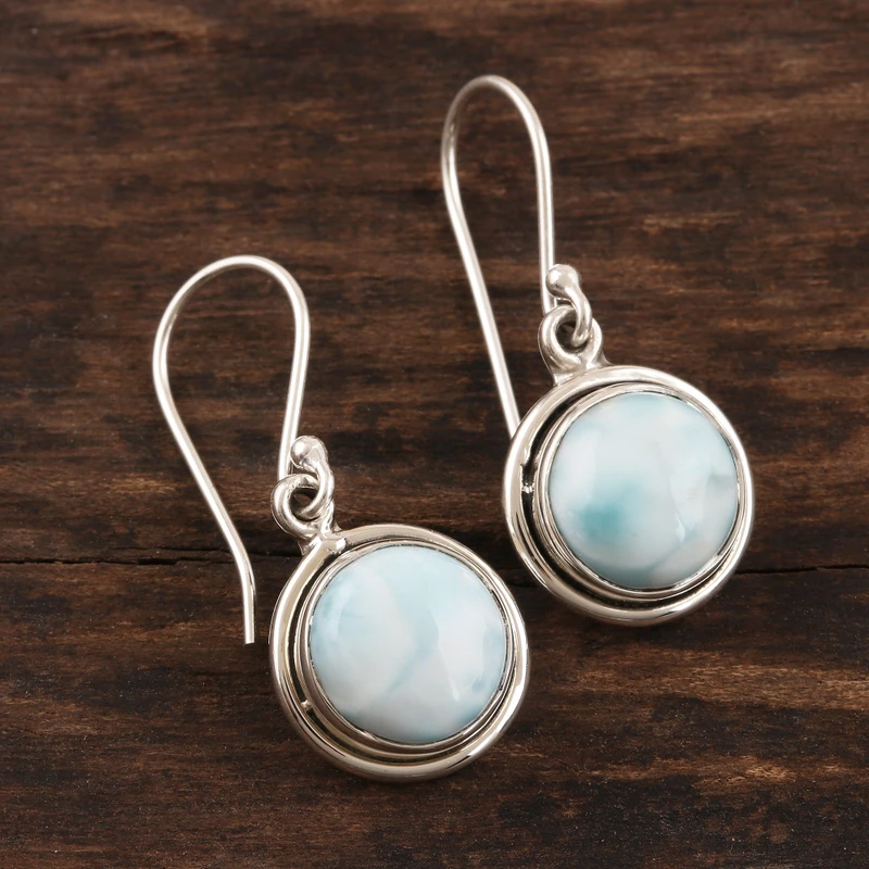 Larimar Cabochon und Sterling Silber Hängeohrringe Edelstein Ohrringe Handgemachte Boho Ohrringe Geschenkidee