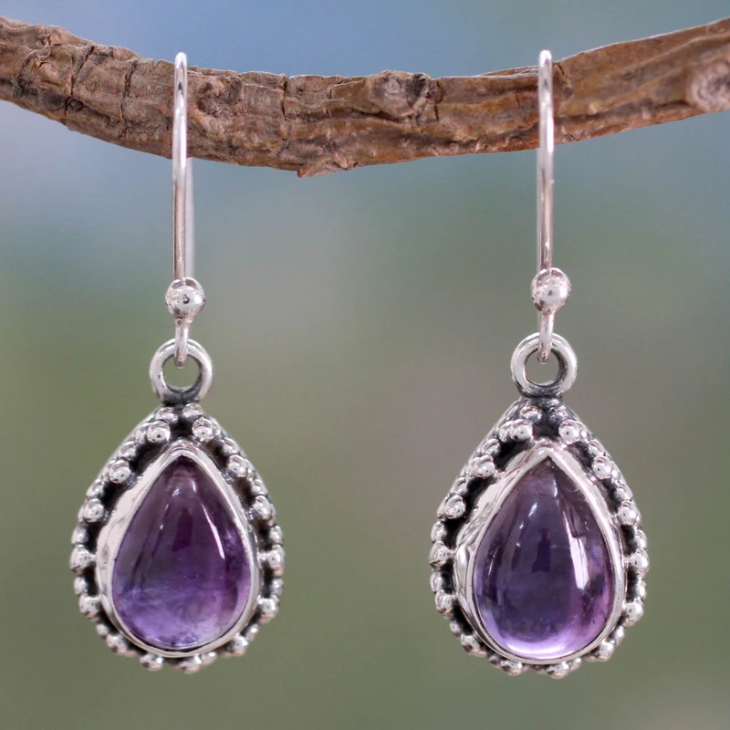 Ohrringe aus Amethyst in Tropfenform, 925er Sterlingsilber, handgefertigte Ohrringe, Geschenkartikel, Hochzeitsschmuck für Sie