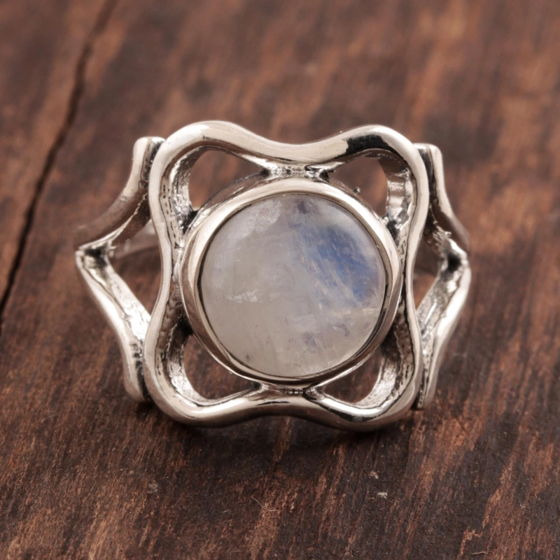 Geschwungener Regenbogen-Mondstein-Ring 925 Sterling Silber Cocktailring Handgemachtes Geschenk für Sie