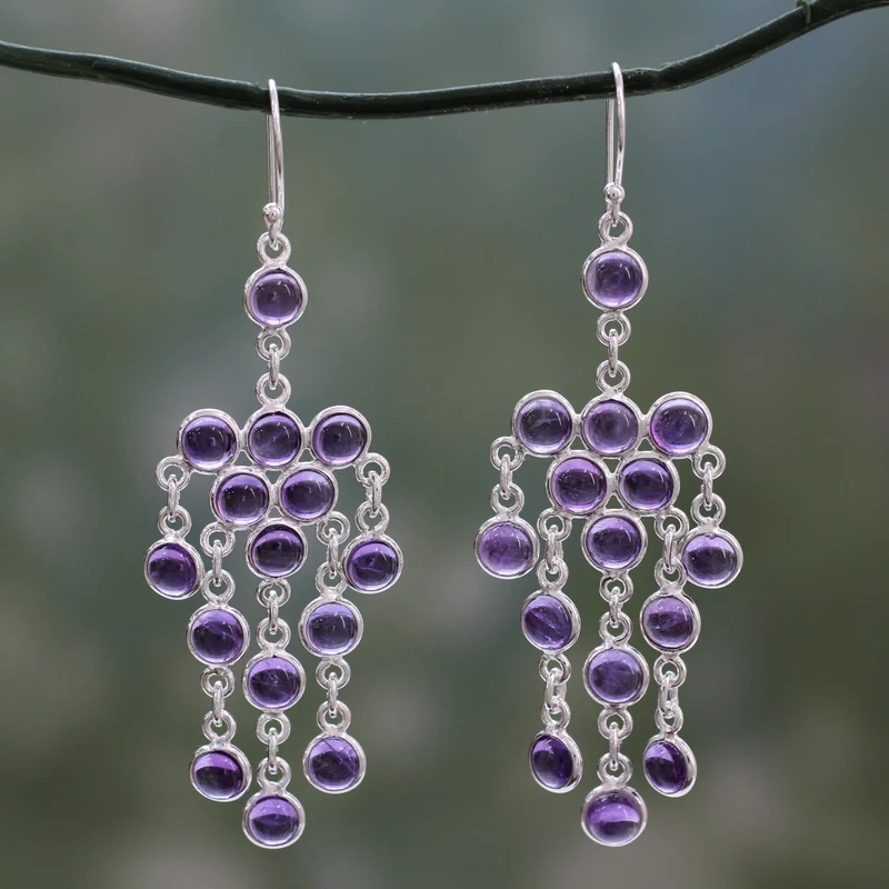 Ohrhänger aus Sterlingsilber mit Amethyst-Cabochons, handgefertigte Ohrringe, Geschenkartikel, Geburtstagsgeschenk
