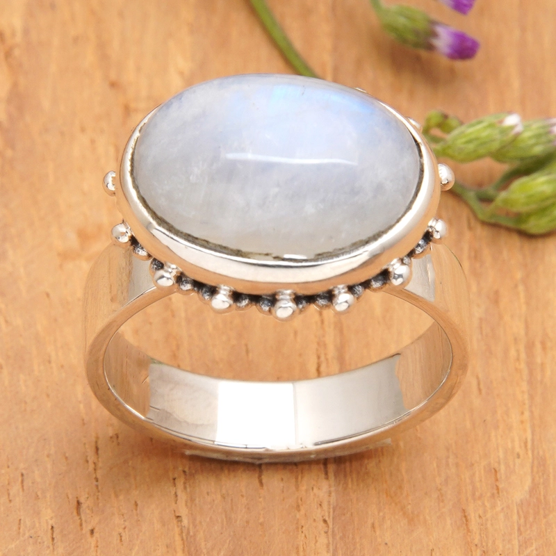 Natürlicher Regenbogen-Mondstein-Chunky-Ring aus 925er Sterlingsilber, handgemachtes Geschenk für sie & Mutter