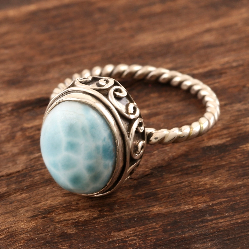 Ovaler Larimar Cabochon Sterling Silber Ring Handgemachtes Design 925 Sterling Silber Geschenk für sie & Mama