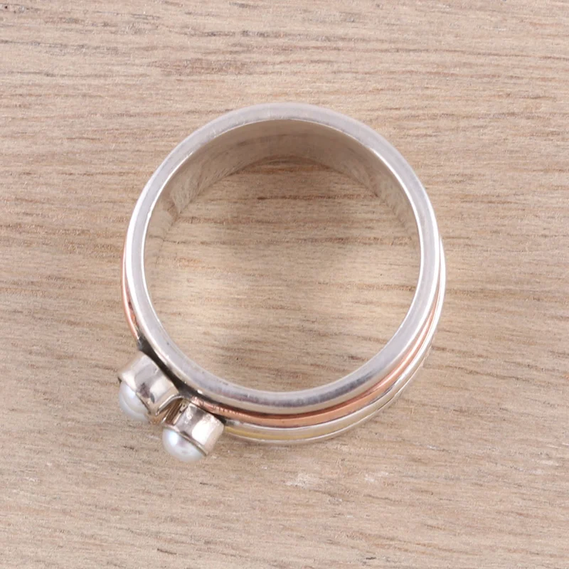 Zuchtperlen- und Metall-Trio-Meditations-Spinner-Ring Handgemachter Ring Silberschmuck Böhmischer zierlicher Ring Geschenk für sie Geburtstagsgeschenk