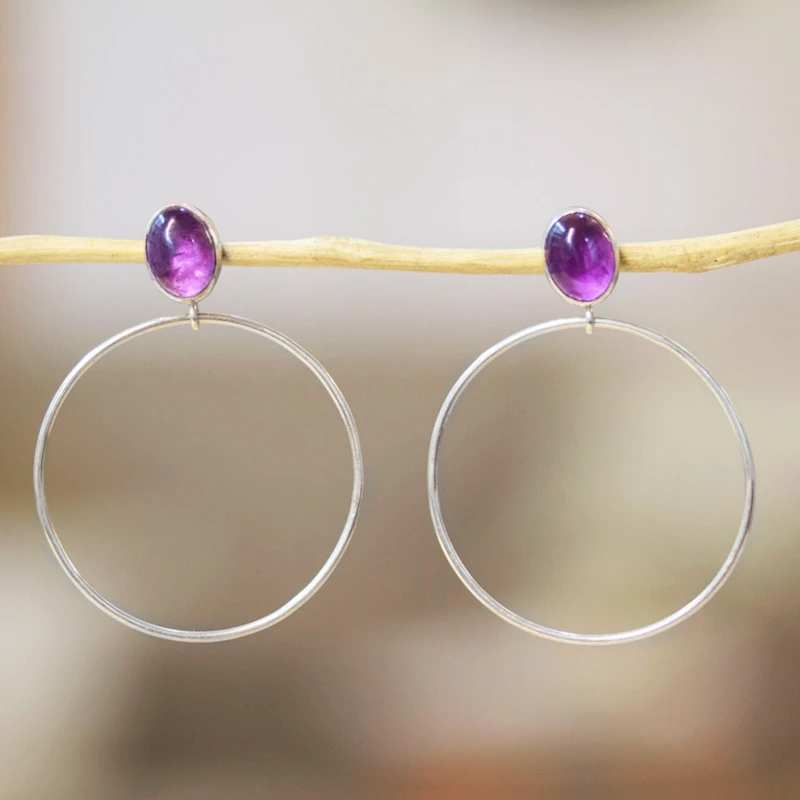 Runde Ohrhänger aus Sterlingsilber mit natürlichem Amethyst, handgefertigte Ohrringe, Geschenkidee, Geburtstagsgeschenk, böhmischer Schmuck, Geschenk für sie