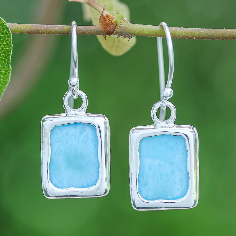 Moderne Larimar Sterling Silber Quadratische Ohrhänger Edelstein Ohrringe Handgemachte Boho Ohrringe Geschenk Für Sie