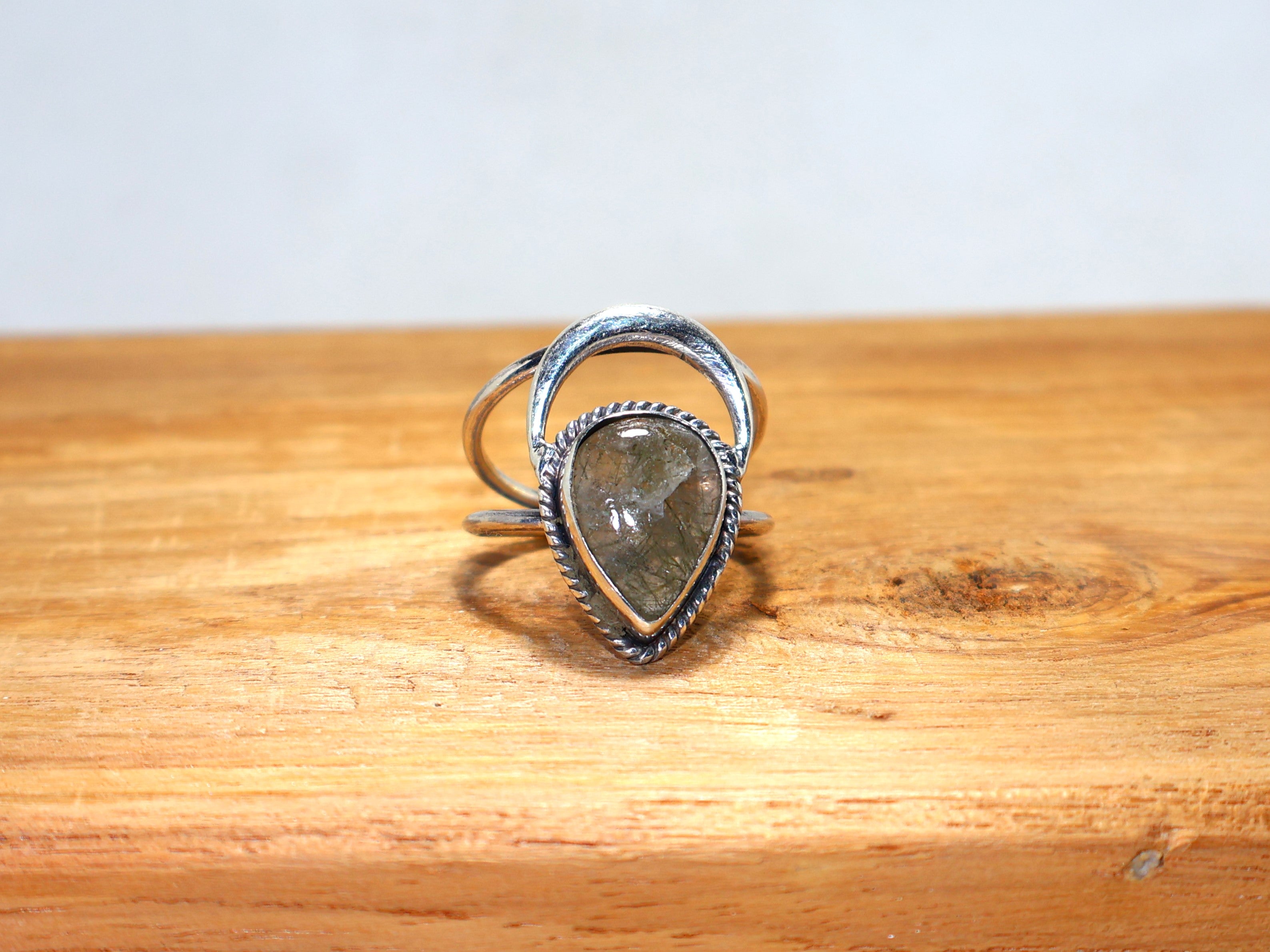 Schwarzer Rutilquarz Edelstein Silberring 925 Sterling Silber Tropfenförmiger Edelsteinring Designer Handgemacht Damen Geschenk für Frauen Geburtssteinring