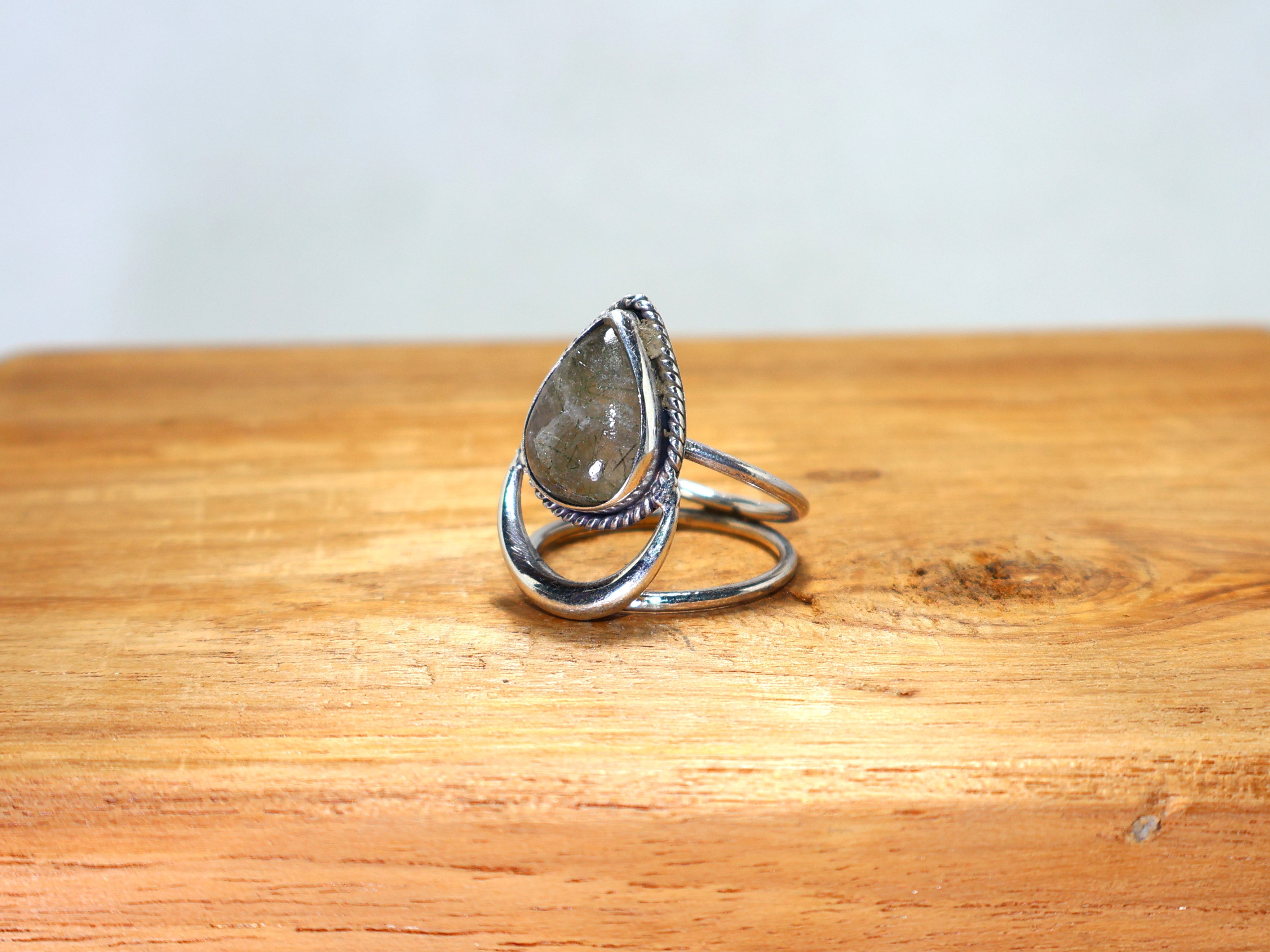Schwarzer Rutilquarz Edelstein Silberring 925 Sterling Silber Tropfenförmiger Edelsteinring Designer Handgemacht Damen Geschenk für Frauen Geburtssteinring