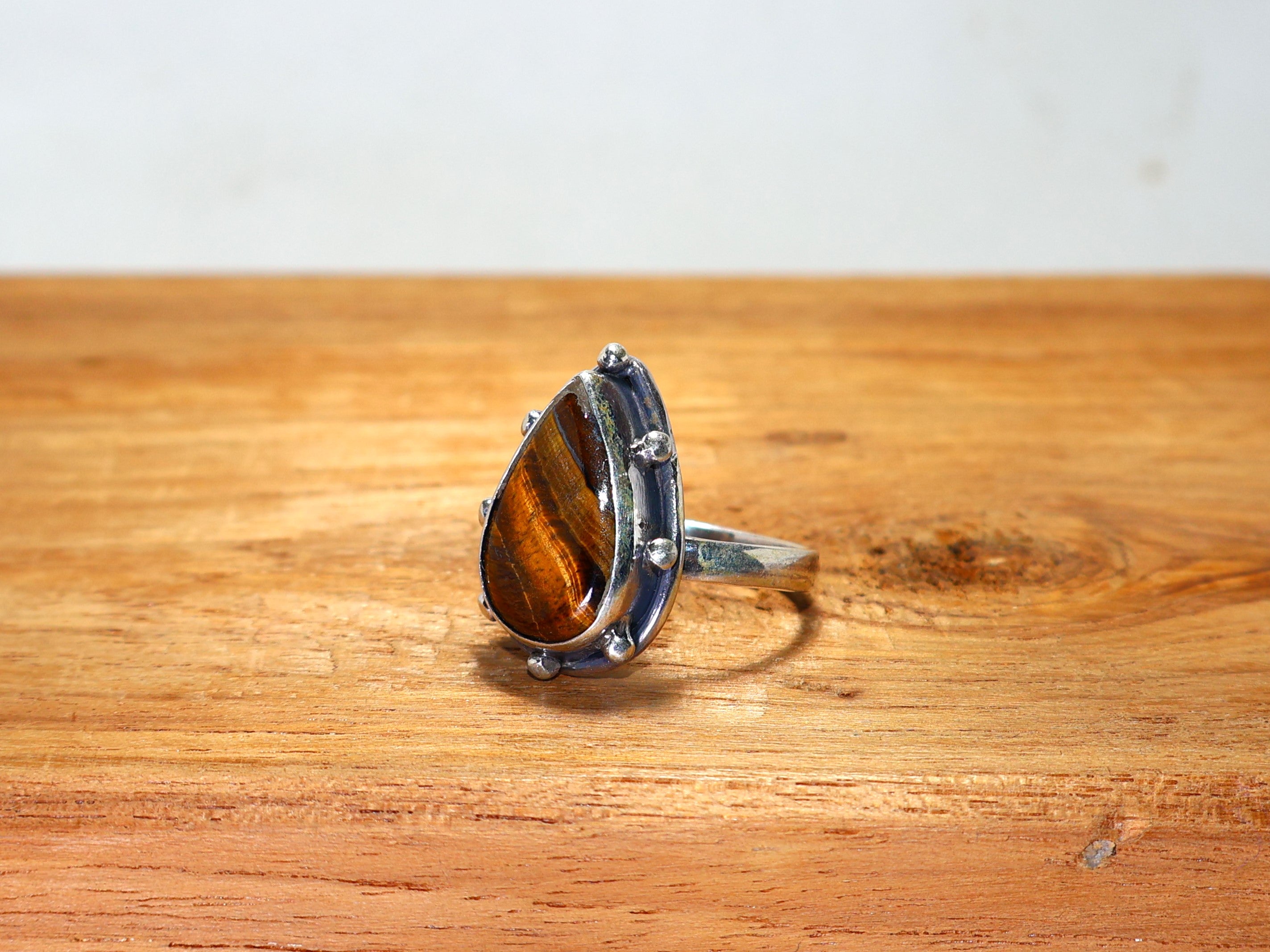 Natürlicher Tigerauge Ring Handgemachter Ring 925 Sterling Silber Ring Versprechensring Birnen-Edelstein Einzigartiger Ring