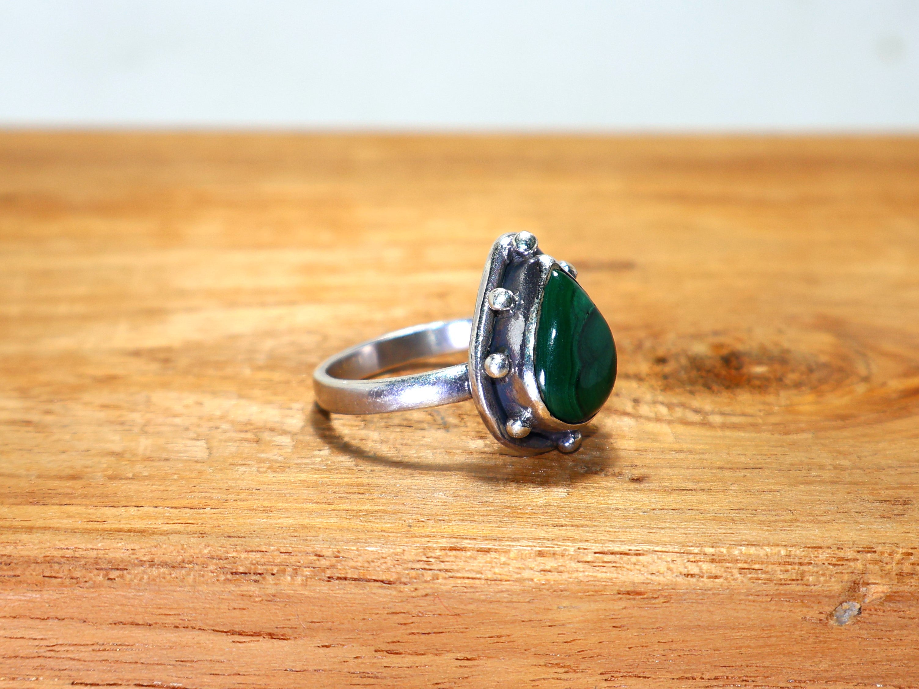 Natürlicher Malachit Silberring Birnenförmiger Steinring Handgefertigter Ring 925 Sterling Silber Ring für Frauen Geschenk für sie Verlobungsring