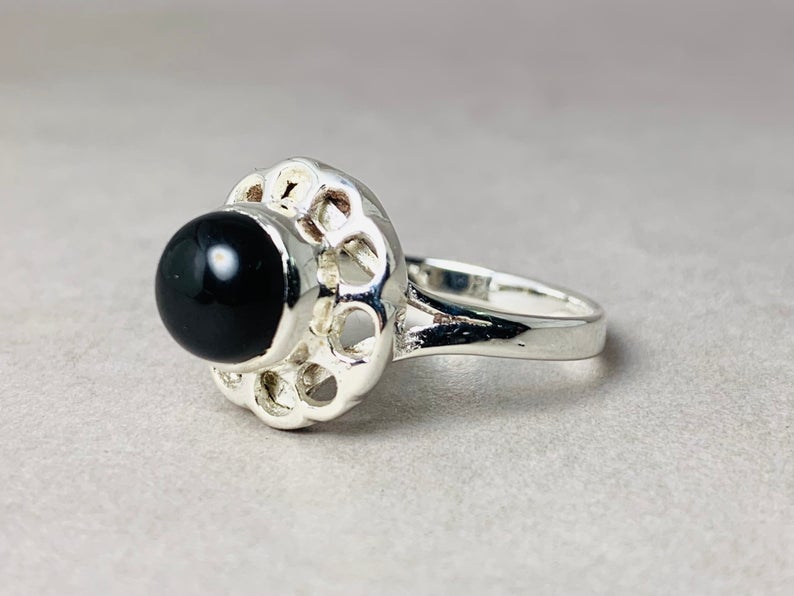 Schwarzer Onyx Ring 925 Sterling Silber Böhmischer Handgemachter Ring Runder Onyx Edelstein Ring Silber Damenring Dezember Geburtsstein Geschenkring