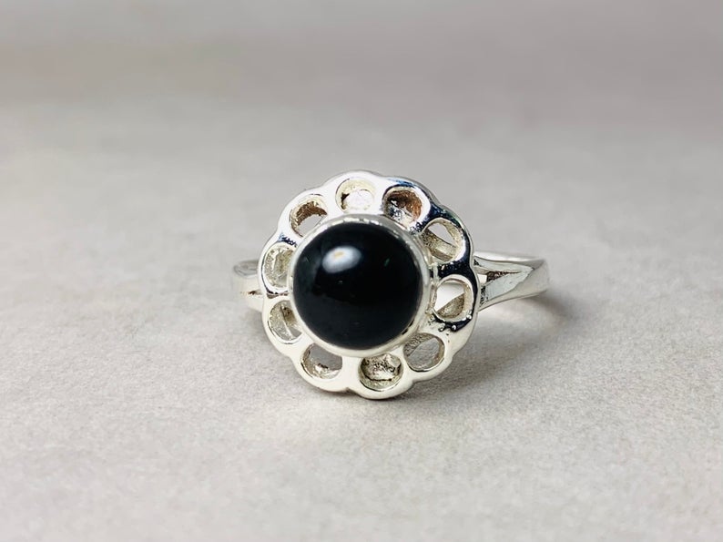 Schwarzer Onyx Ring 925 Sterling Silber Böhmischer Handgemachter Ring Runder Onyx Edelstein Ring Silber Damenring Dezember Geburtsstein Geschenkring