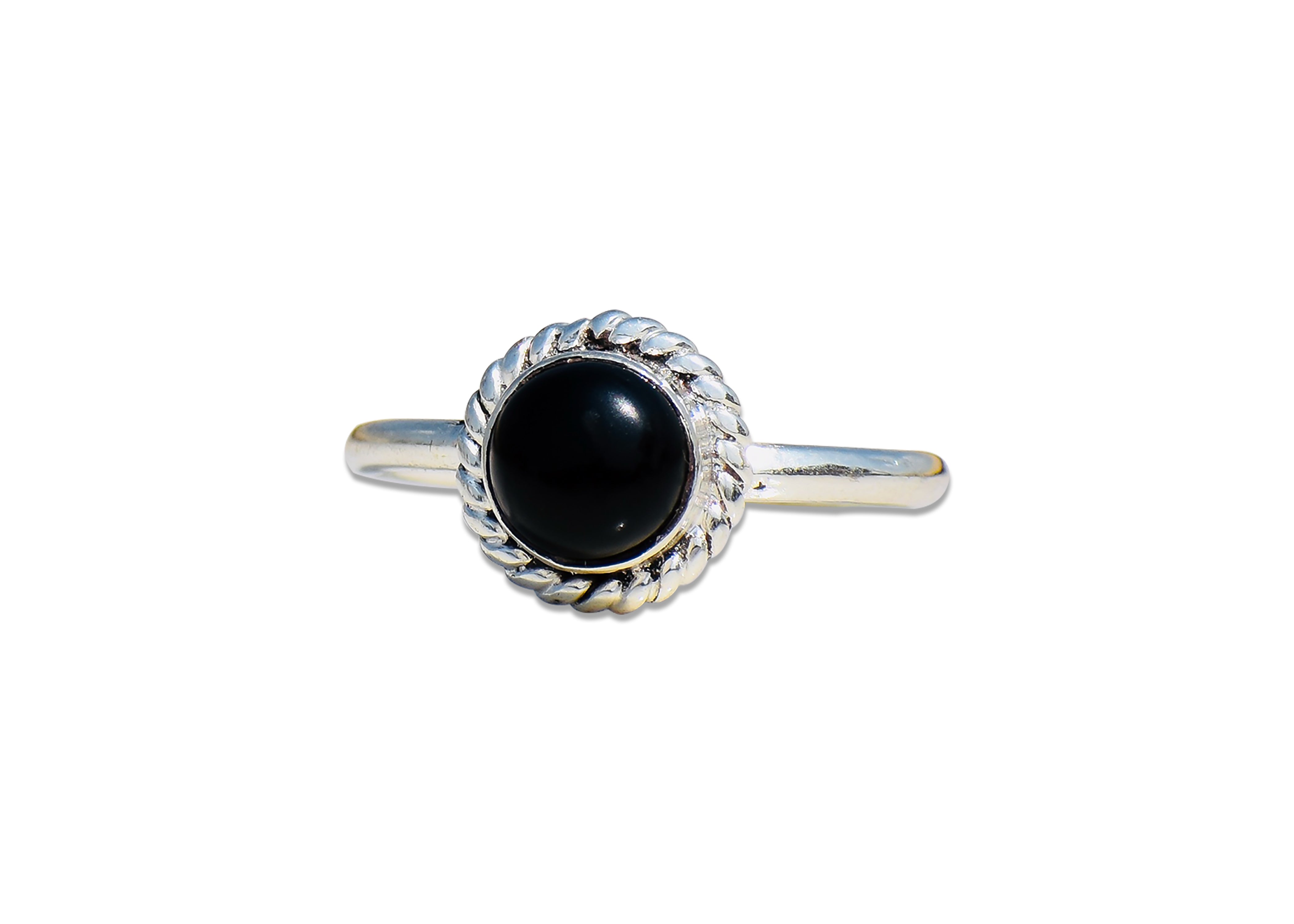 Natürlicher schwarzer Onyx-Ring, 925er Sterlingsilber, Edelsteinring, handgefertigter runder Onyx-Cabochon-Ring, zierlicher Ring