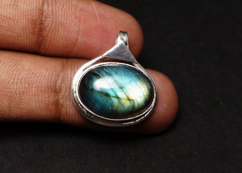 Labradorit Anhänger 925 Sterling Silber Anhänger Natur Edelstein Labradorit Stein Blauer Feuerstein 925 Silber Boho Anhänger Oval