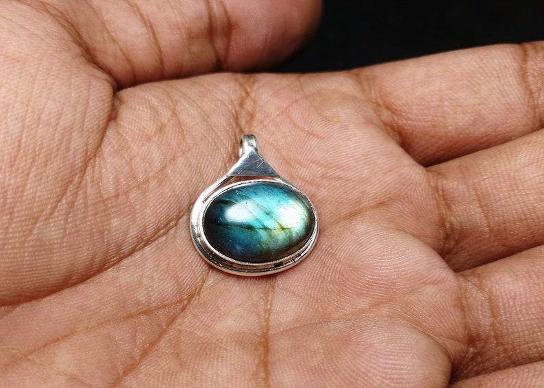 Labradorit Anhänger 925 Sterling Silber Anhänger Natur Edelstein Labradorit Stein Blauer Feuerstein 925 Silber Boho Anhänger Oval