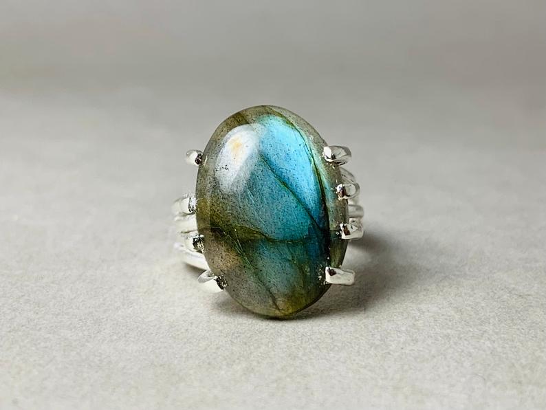 Ovale Labradorit Edelstein 925 Sterling Silber Handgemachter Böhmischer Statement Ring Geschenk Für Sie & Mama