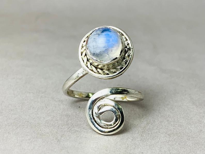 Spiralring Mondsteinring 925er Silber Ring Verstellbarer Ring Schlangenring Wickelring Daumenring Juni Geburtsstein