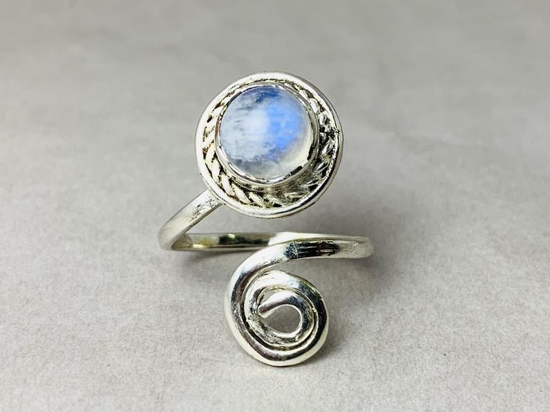 Spiralring Mondsteinring 925er Silber Ring Verstellbarer Ring Schlangenring Wickelring Daumenring Juni Geburtsstein