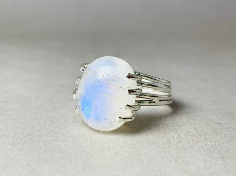 Regenbogen-Mondstein-Ring 925 Silberring Ovaler Mondsteinring Handgefertigter Unikat-Ring Silberschmuck Geschenkring
