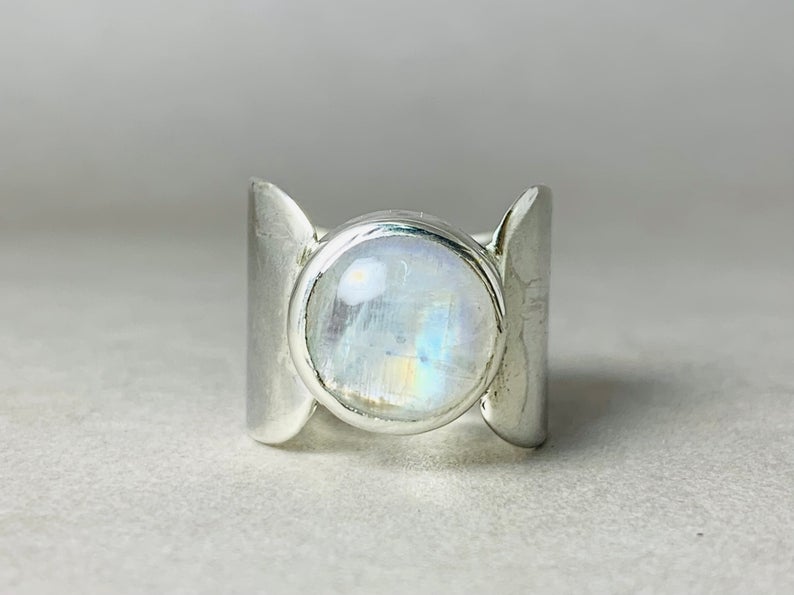Regenbogen-Mondsteinring 925 Sterling Silber Runder Edelstein Silber Bandring Böhmischer Schmuck Geschenk für sie