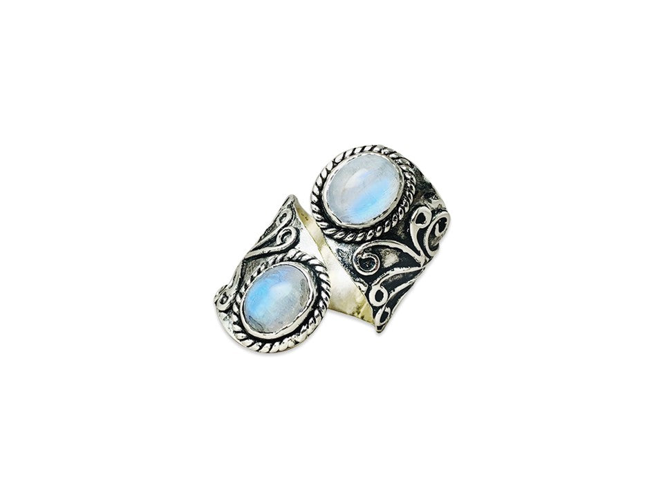 Doppelter Mondstein Ring 925 Sterling Silber Ring Handgemachter Ring Blauer Blitz Ring Statement Boho Ring Damenring Alltagsring