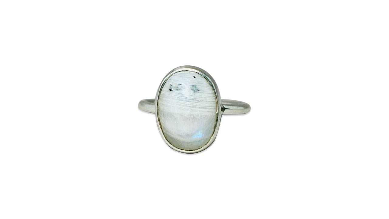 Regenbogen-Mondsteinring 925 Sterling Silber Handgefertigter Juni Geburtsstein Damenring Ovale Form Stein Weißer Stein Schmuck
