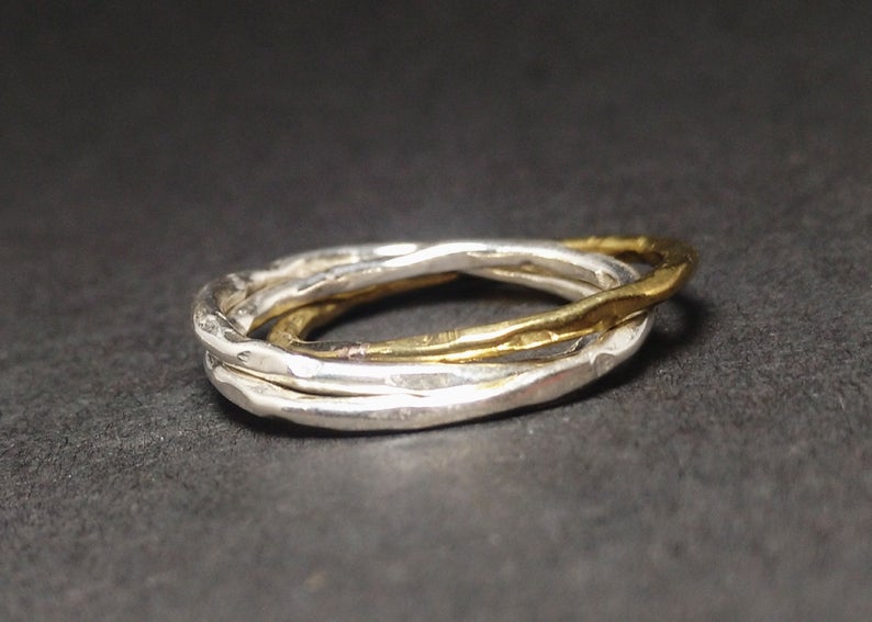Mehrfachbandring Silber, Rolling Ring, 925er Sterlingsilber, Dreifacher Ringsatz, Fidget Ring, Silber Spiralring, Gehämmerter Ring